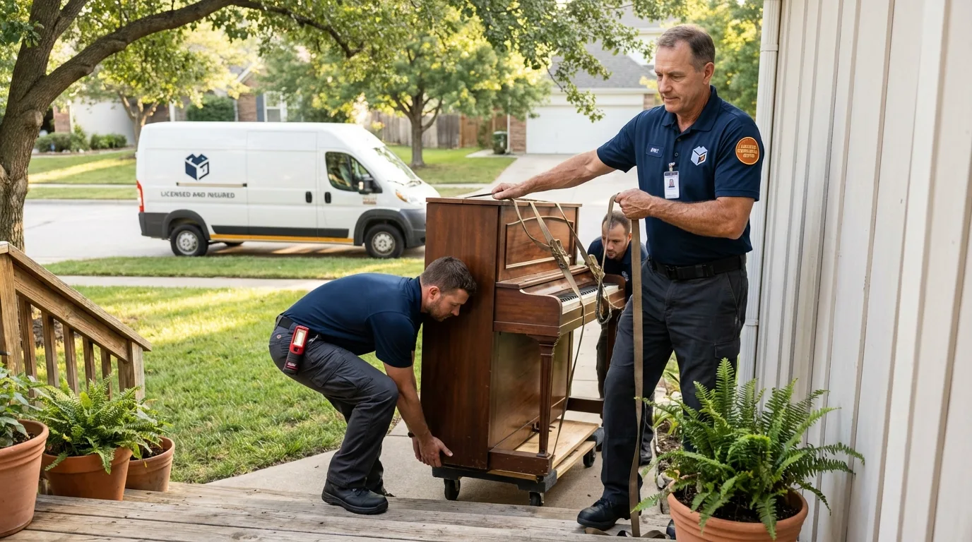 Licensed piano movers securing grand piano in Camden, AL