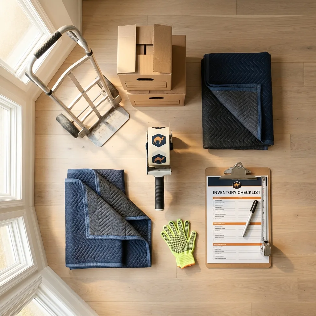 Professional moving supplies and packing materials layout for Camden residential relocations